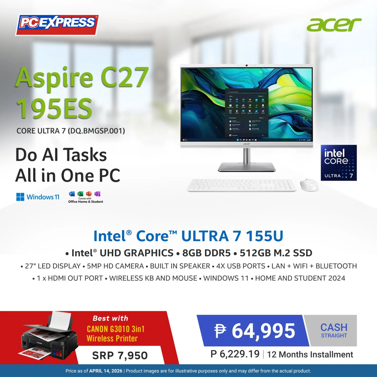 ACER Aspire C27 195ES Intel® Core™ Ultra 7 (DQ.BMGSP.001) All-in-One Desktop