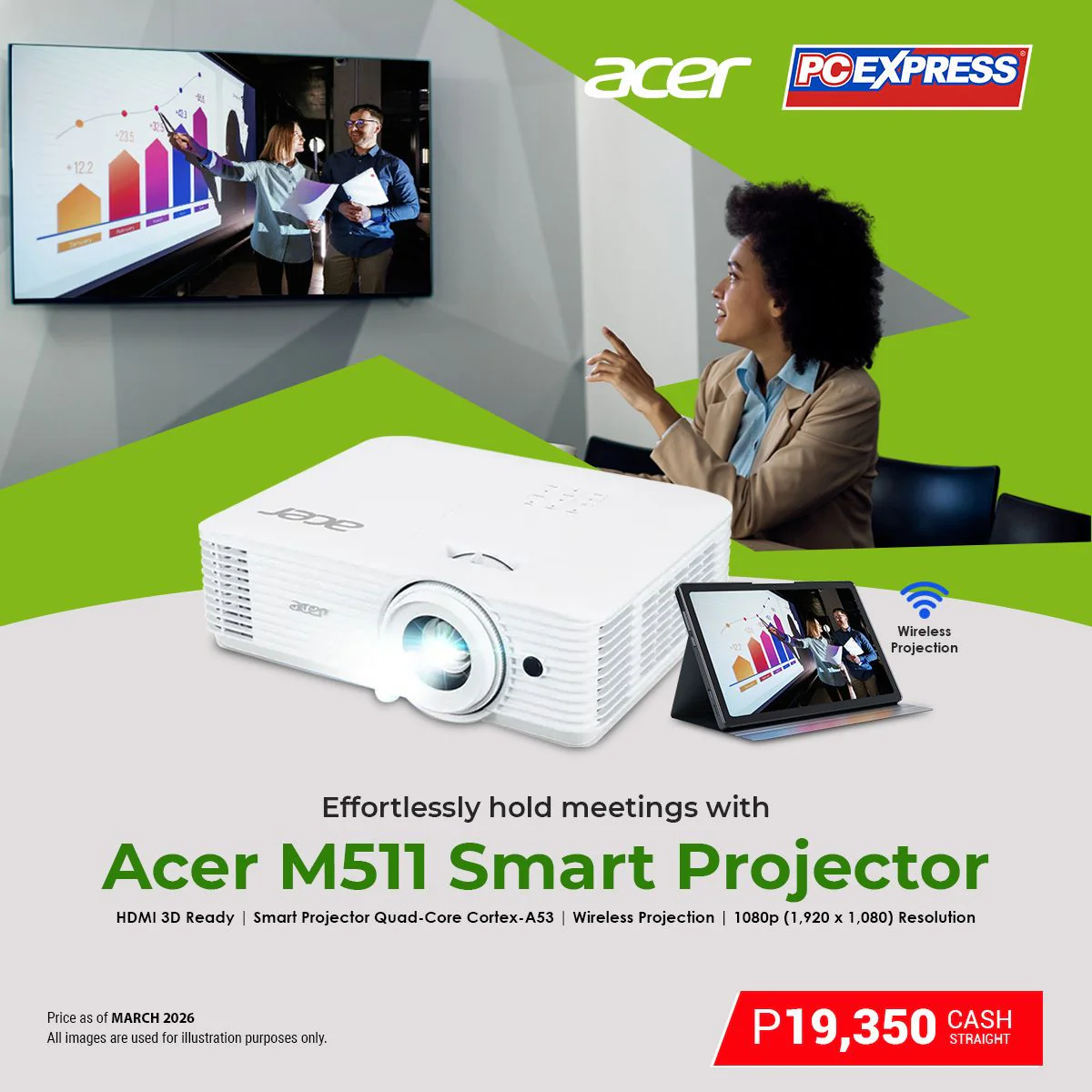 ACER M511 (MR.JUU11.007) 4300 ANSI Lumens Smart Projector