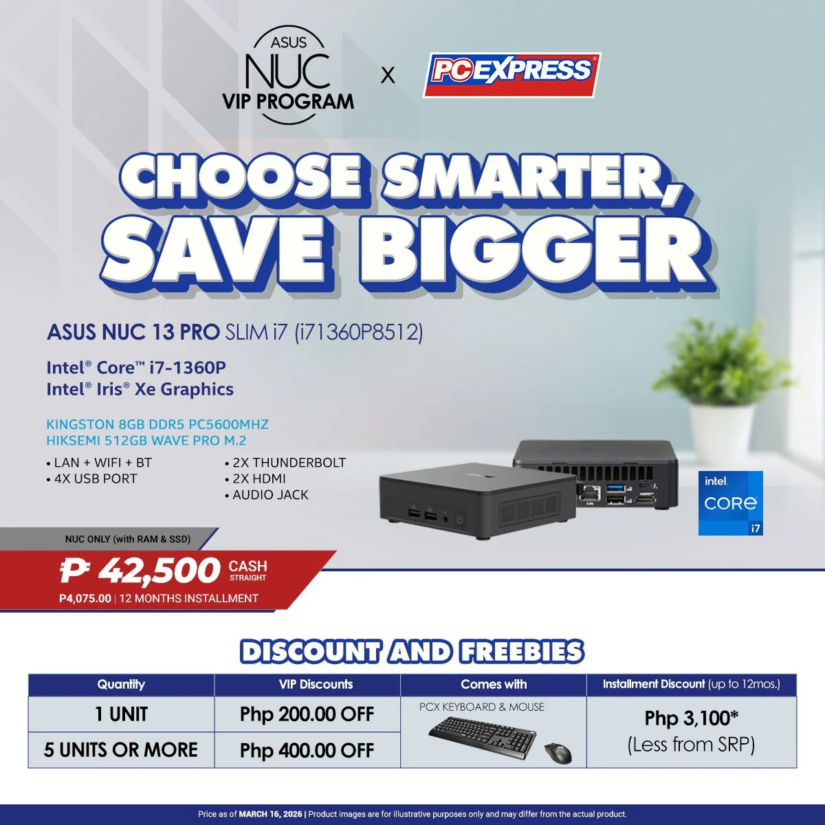 ASUS NUC 13 PRO SLIM (i71360P8512) Intel® Core™ i7 Mini Desktop - with RAM and SSD