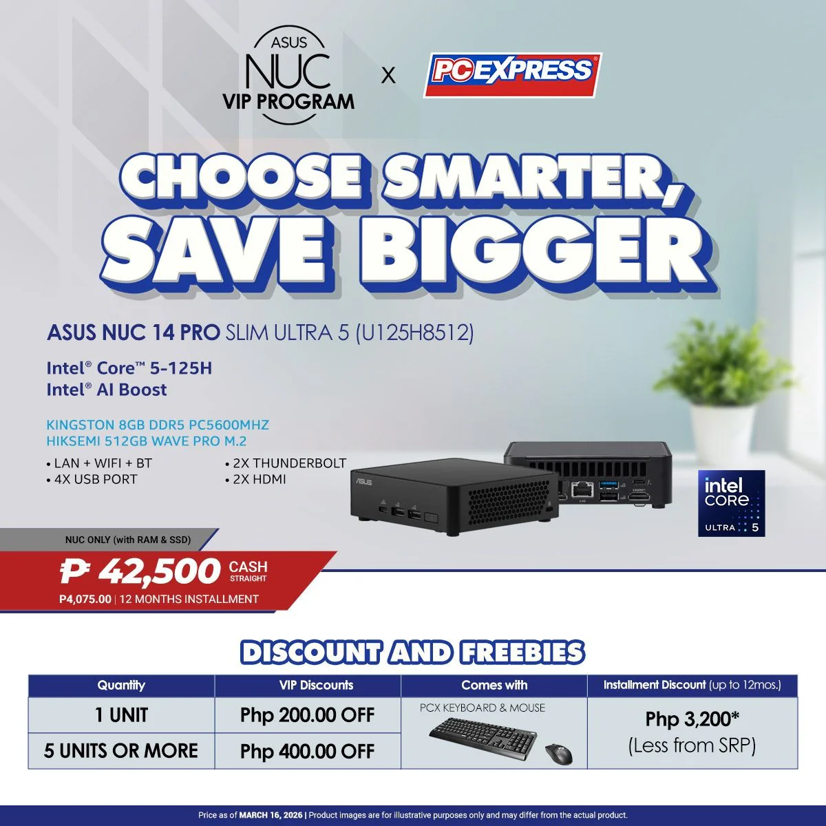 ASUS NUC 14 PRO SLIM (U125H8512) Intel® Core™ 5 Mini Desktop - with RAM and SSD
