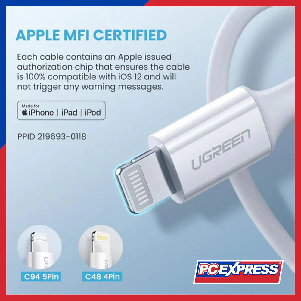 UGREEN US171/10493 Lightning To Type-C 2.0 Male Cable 1M - White - Image 3